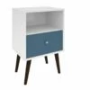 Liberty White And Aqua Blue Mid Century - Modern Nightstand 1.0 W/1 Cubby Space And 1 Drawer & Solid Wood Legs