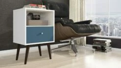 Liberty White And Aqua Blue Mid Century - Modern Nightstand 1.0 W/1 Cubby Space And 1 Drawer & Solid Wood Legs -WALKER EDISON Shop 203AMC64 NS 4
