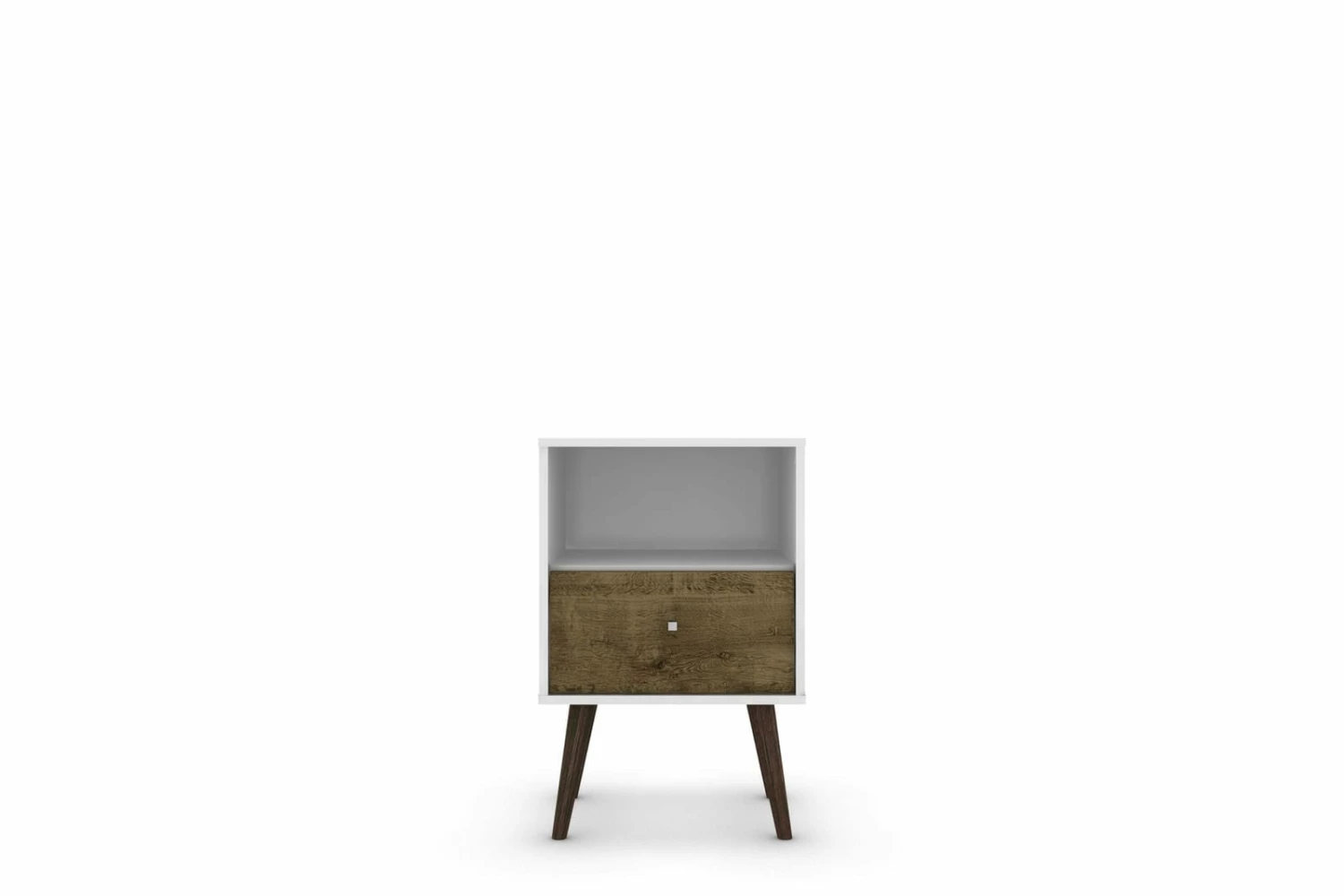Liberty White And Rustic Brown Mid Century - Modern Nightstand 1.0 W/1 Cubby Space, 1 Drawer & Solid Wood Legs 6 Liberty White And Rustic Brown Mid Century - Modern Nightstand 1.0 W/1 Cubby Space, 1 Drawer & Solid Wood Legs - Image 4
