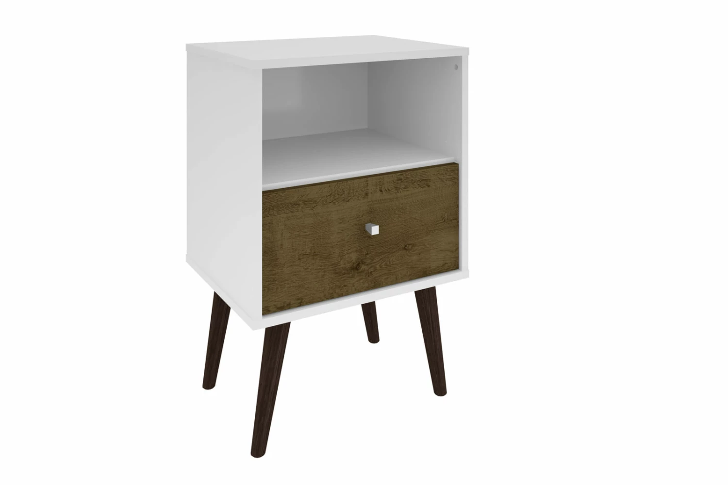 Liberty White And Rustic Brown Mid Century - Modern Nightstand 1.0 W/1 Cubby Space, 1 Drawer & Solid Wood Legs 3 Liberty White And Rustic Brown Mid Century - Modern Nightstand 1.0 W/1 Cubby Space, 1 Drawer & Solid Wood Legs