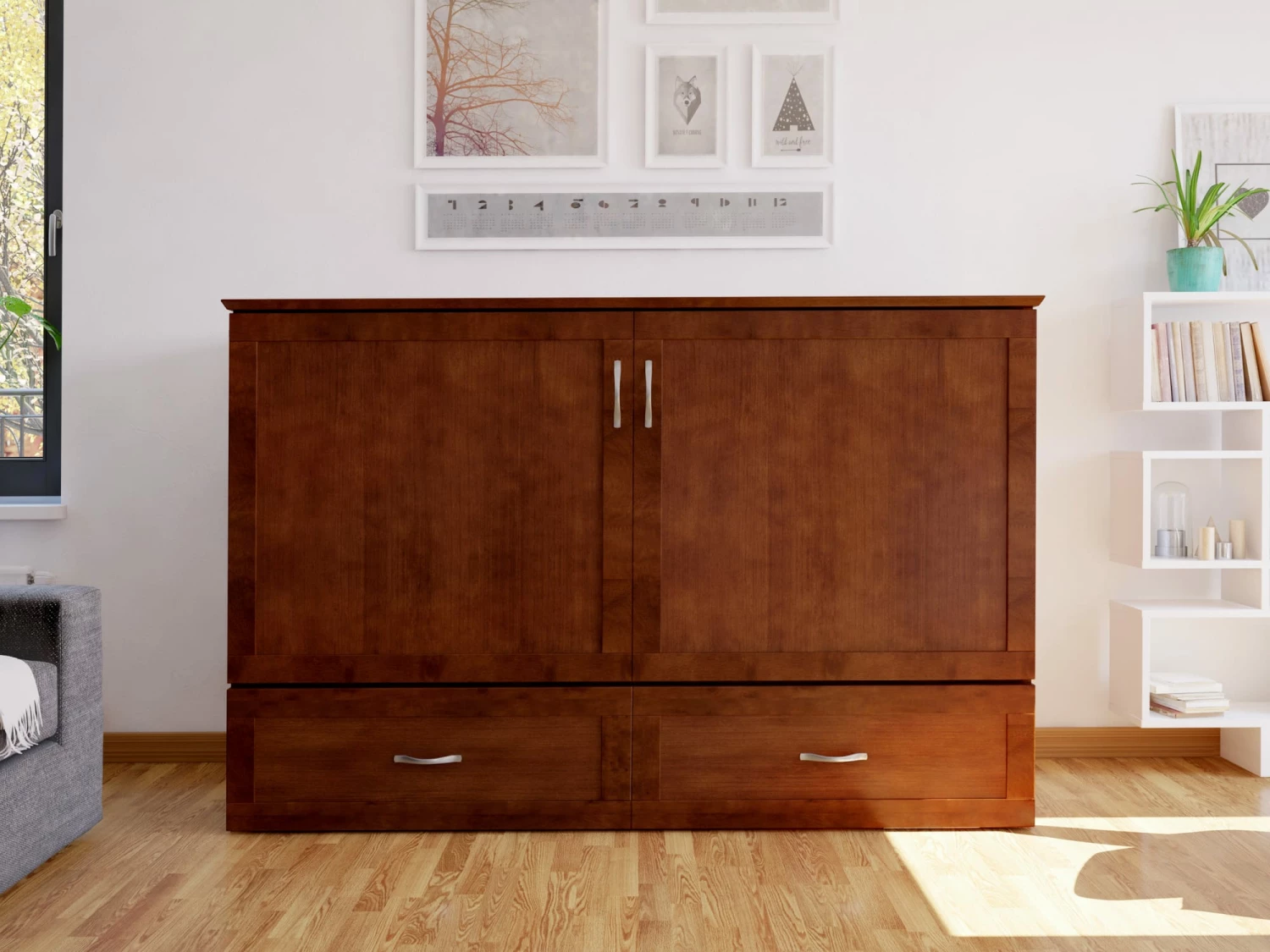 Raleigh Modern Queen Solid Wood Murphy Bed Chest W/Mattress In Walnut 5 Raleigh Modern Queen Solid Wood Murphy Bed Chest W/Mattress In Walnut - Image 3