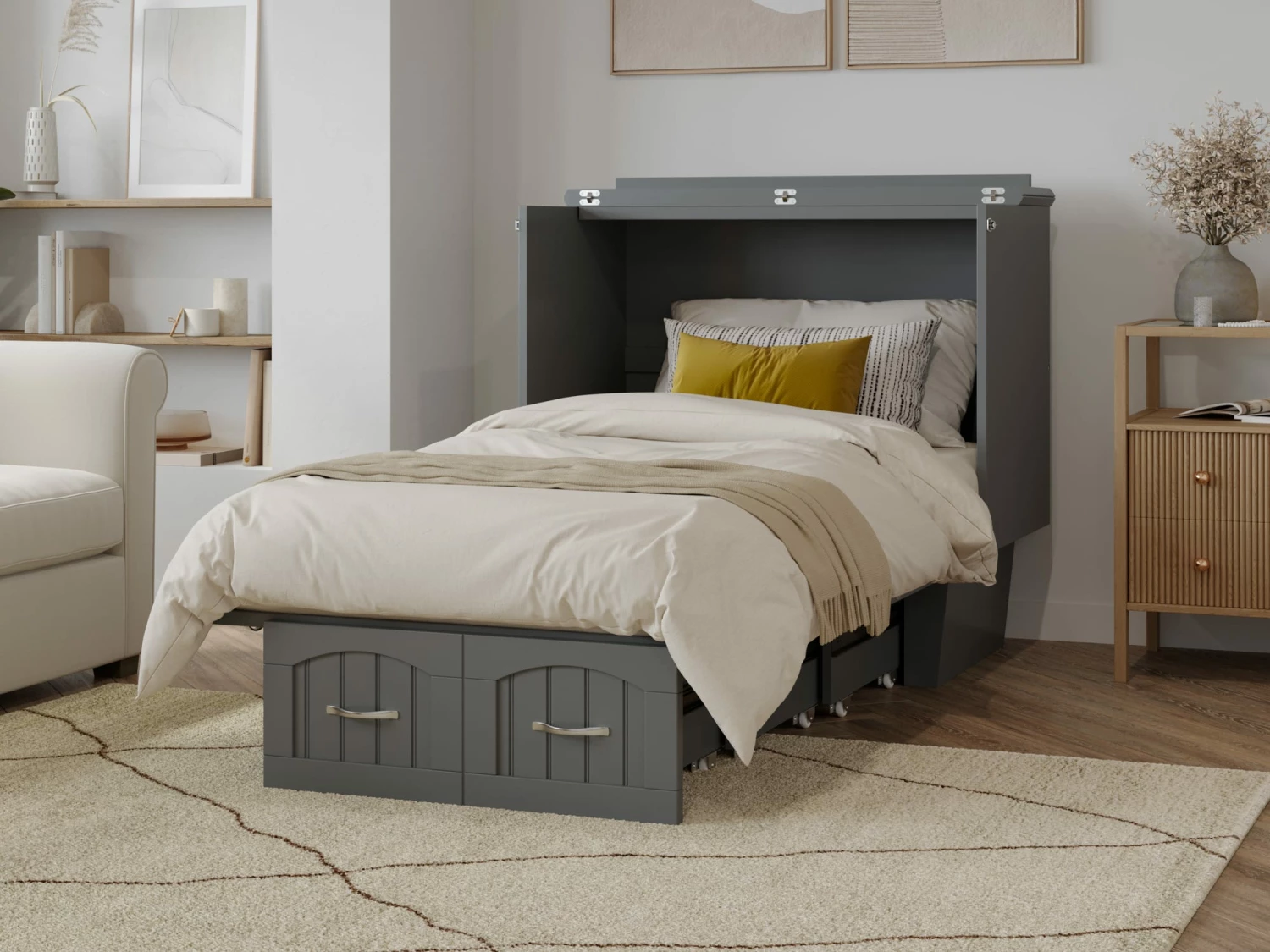 Sydney Twin Wood Murphy Bed Chest W/Storage Drawer & Charging Station In Grey 7 Sydney Twin Wood Murphy Bed Chest W/Storage Drawer & Charging Station In Grey - Image 5