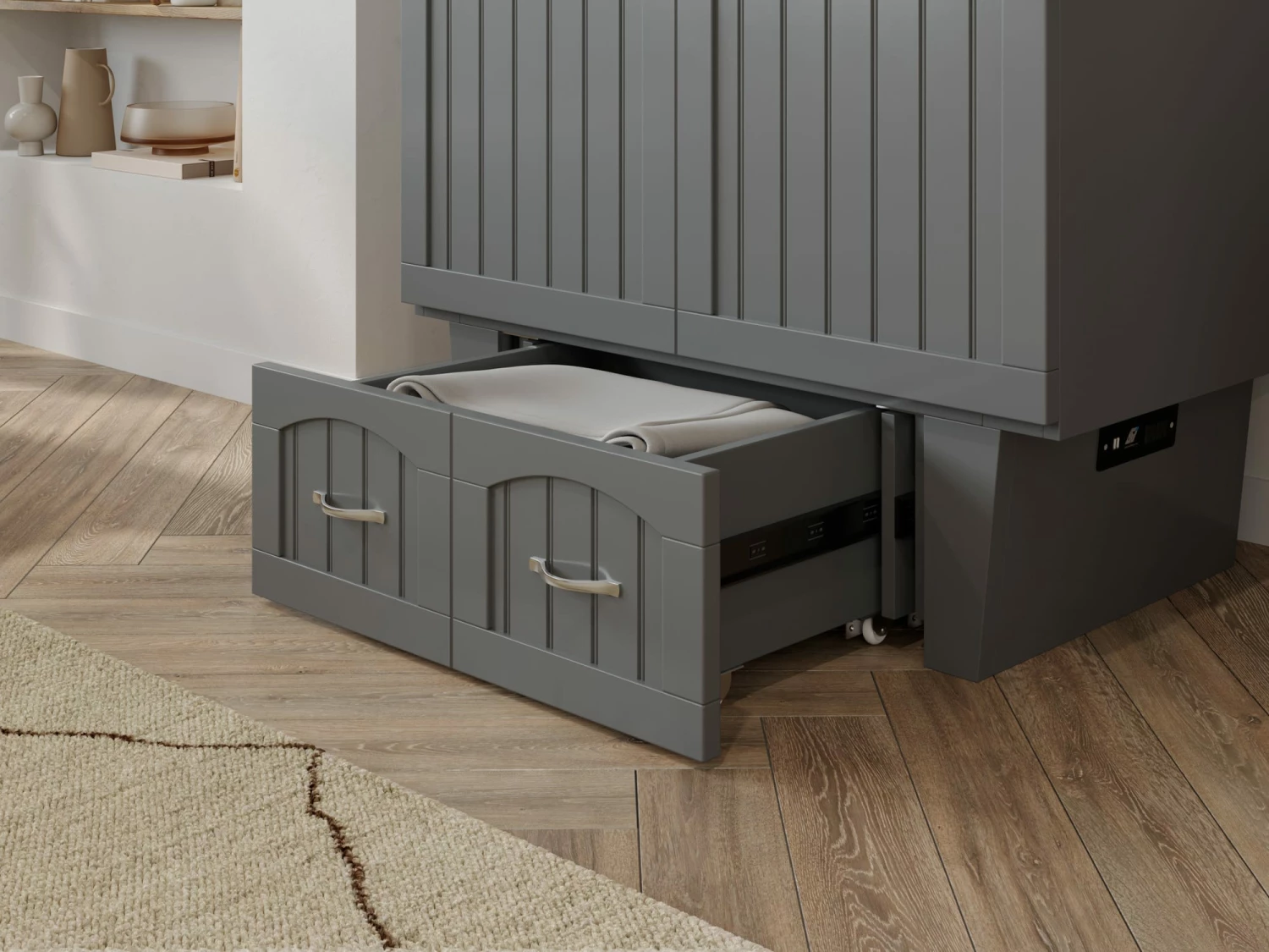 Sydney Twin Wood Murphy Bed Chest W/Storage Drawer & Charging Station In Grey 8 Sydney Twin Wood Murphy Bed Chest W/Storage Drawer & Charging Station In Grey - Image 6