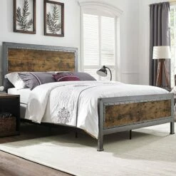 Walker Edison Queen Size Industrial Wood & Metal Bed - Brown
