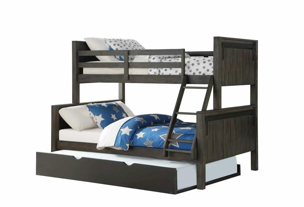 Twin/Full Bunk Bed In City Shadow Finish With Twin Trundle Bed In Low Sheen Black Finish 3 Twin/Full Bunk Bed In City Shadow Finish With Twin Trundle Bed In Low Sheen Black Finish
