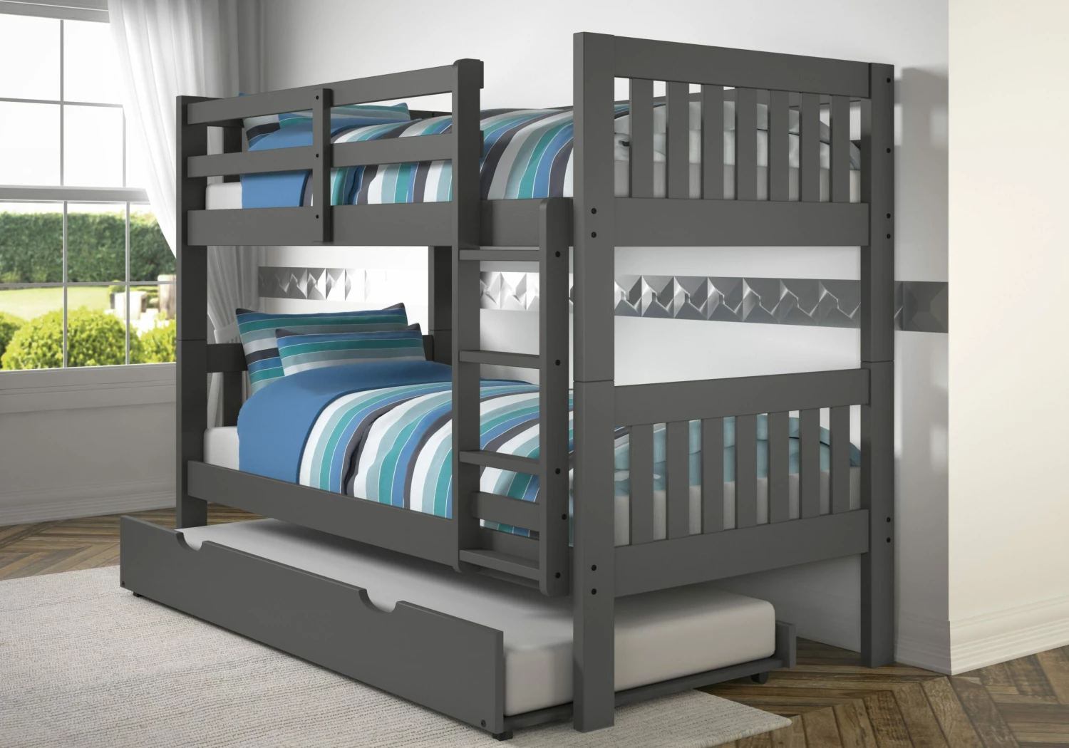 Twin/Twin Mission Bunk Bed W/Trundle Bed In Dark Grey Finish 3 Twin/Twin Mission Bunk Bed W/Trundle Bed In Dark Grey Finish