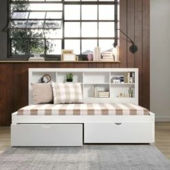 Full Bookcase Day Bed In White W/Dual Under Bed Drawers -WALKER EDISON Shop DT 1733 FW 505 W 1