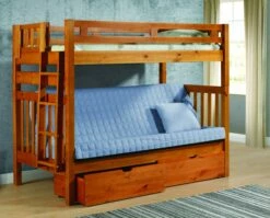Twin/Futon Tall Mission Short Ladder Bunk Bed With Dual Underbed Drawers Honey Finish