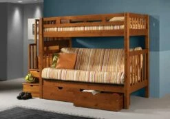 Twin/Futon Tall Mission Stairway Bunk Bed With Trundle Bed Honey Finish