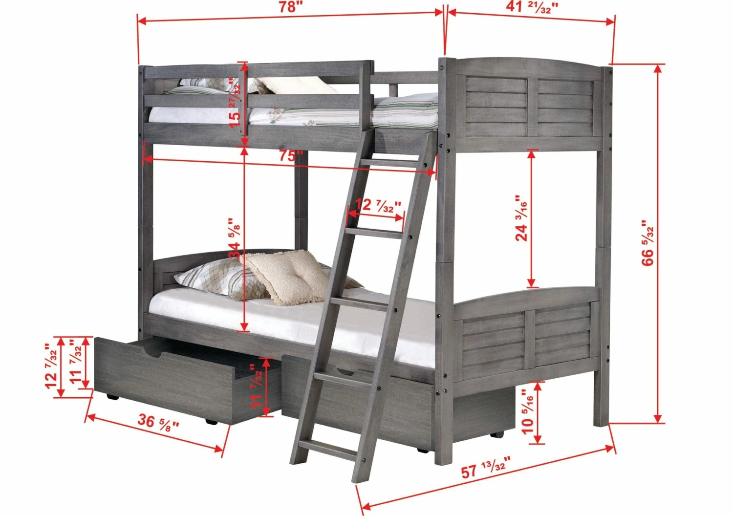 Twin/Twin Louver Bunk Bed With Dual Under Bed Drawers In Antique Grey Finish 4 Twin/Twin Louver Bunk Bed With Dual Under Bed Drawers In Antique Grey Finish - Image 2
