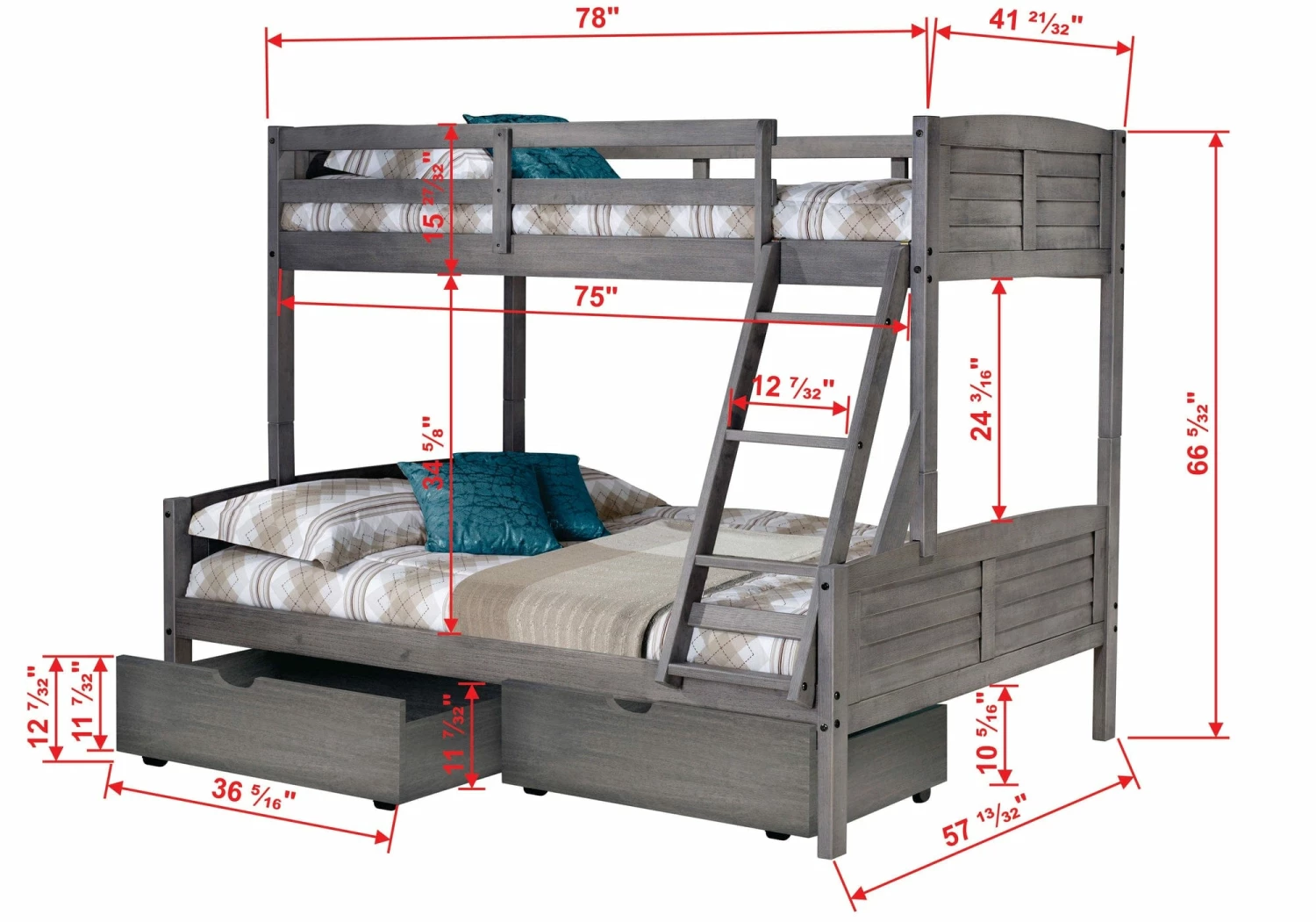 Twin/Full Louver Bunk Bed With Dual Under Bed Drawers In Antique Grey Finish 4 Twin/Full Louver Bunk Bed With Dual Under Bed Drawers In Antique Grey Finish - Image 2