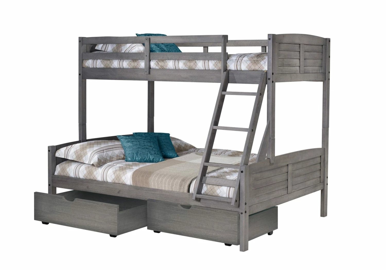Twin/Full Louver Bunk Bed With Dual Under Bed Drawers In Antique Grey Finish 3 Twin/Full Louver Bunk Bed With Dual Under Bed Drawers In Antique Grey Finish