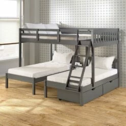 Full Over Double Twin Bed Loft Bunk In Dark Grey Finish W/Dual Under Bed Drawers