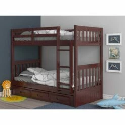 Twin/Twin Mission Bunk Bed With 3 Drawer Bunk Pedestal In Merlot Finish -WALKER EDISON Shop DT 2810 TTM 2892 M 2