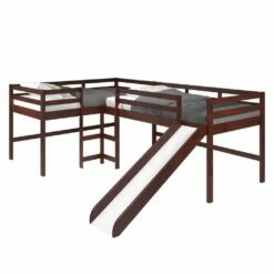 L-shape Double Twin Loft Bed In Dark Cappuccino Finish