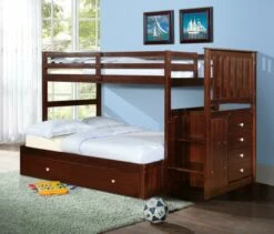 Twin/Full Mission Stairway Bunk Bed With Ext Kit With Trundle Bed Cappuccino Finish