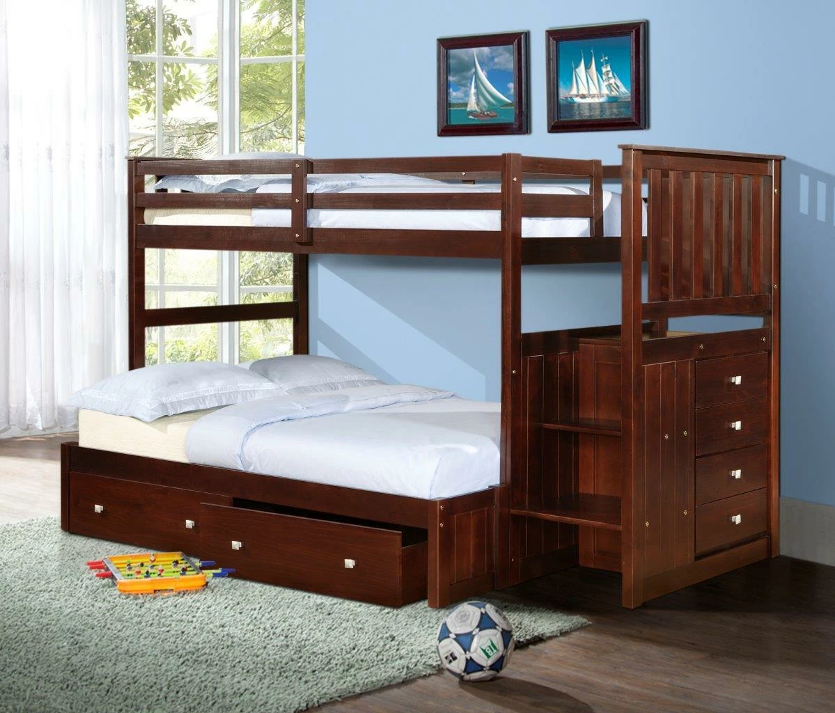 Twin/Full Mission Stairway Bunk Bed With Ext Kit With Dual Underbed Drawers Cappuccino Finish 3 Twin/Full Mission Stairway Bunk Bed With Ext Kit With Dual Underbed Drawers Cappuccino Finish