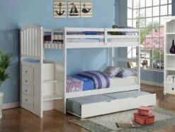 Arch Mission Stairway Bunkbed With Trundle Bed White Finish