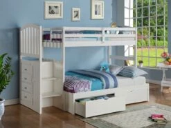 Twin/Full Arch Mission Stairway Bunk Bed With Ext Kit With Dual Under Bed Drawers White Finish