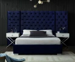 Grande Navy Blue Velvet Bed -WALKER EDISON Shop MF GRANDE NVY Q QB 1