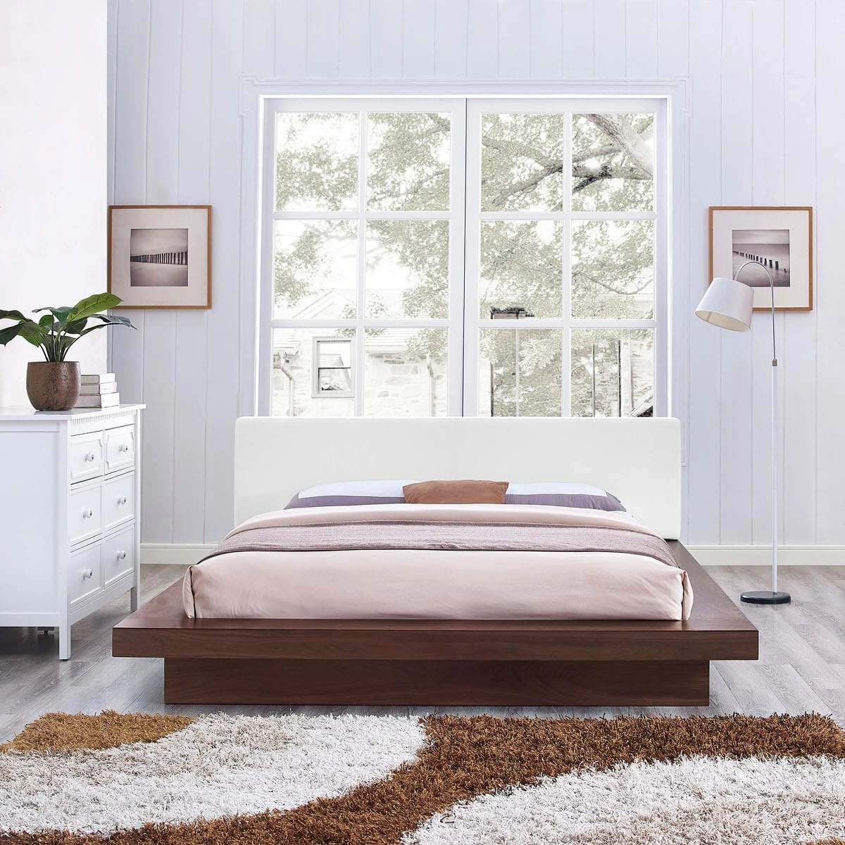 Freja Queen Vinyl Platform Bed Walnut White 7 Freja Queen Vinyl Platform Bed Walnut White - Image 5