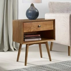 Walker Edison Mid-Century 1 Drawer Solid Wood Nightstand - Caramel -WALKER EDISON Shop WE BR25MC1DCA 3