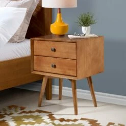 Walker Edison Mid-Century 2 Drawer Solid Wood Nightstand - Caramel -WALKER EDISON Shop WE BR25MC2DCA 3